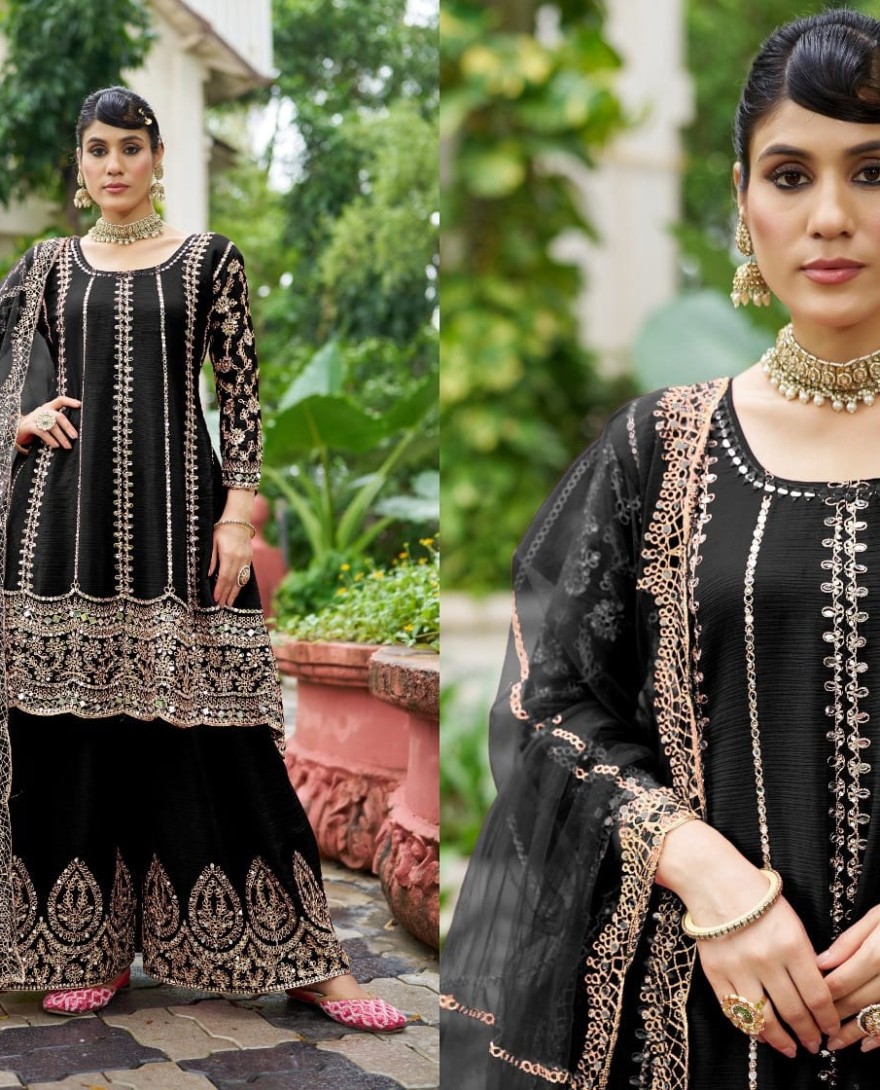 BLACK - Black Chinon Salwar Suit with Embroidered and Mirror Work for Ceremonial